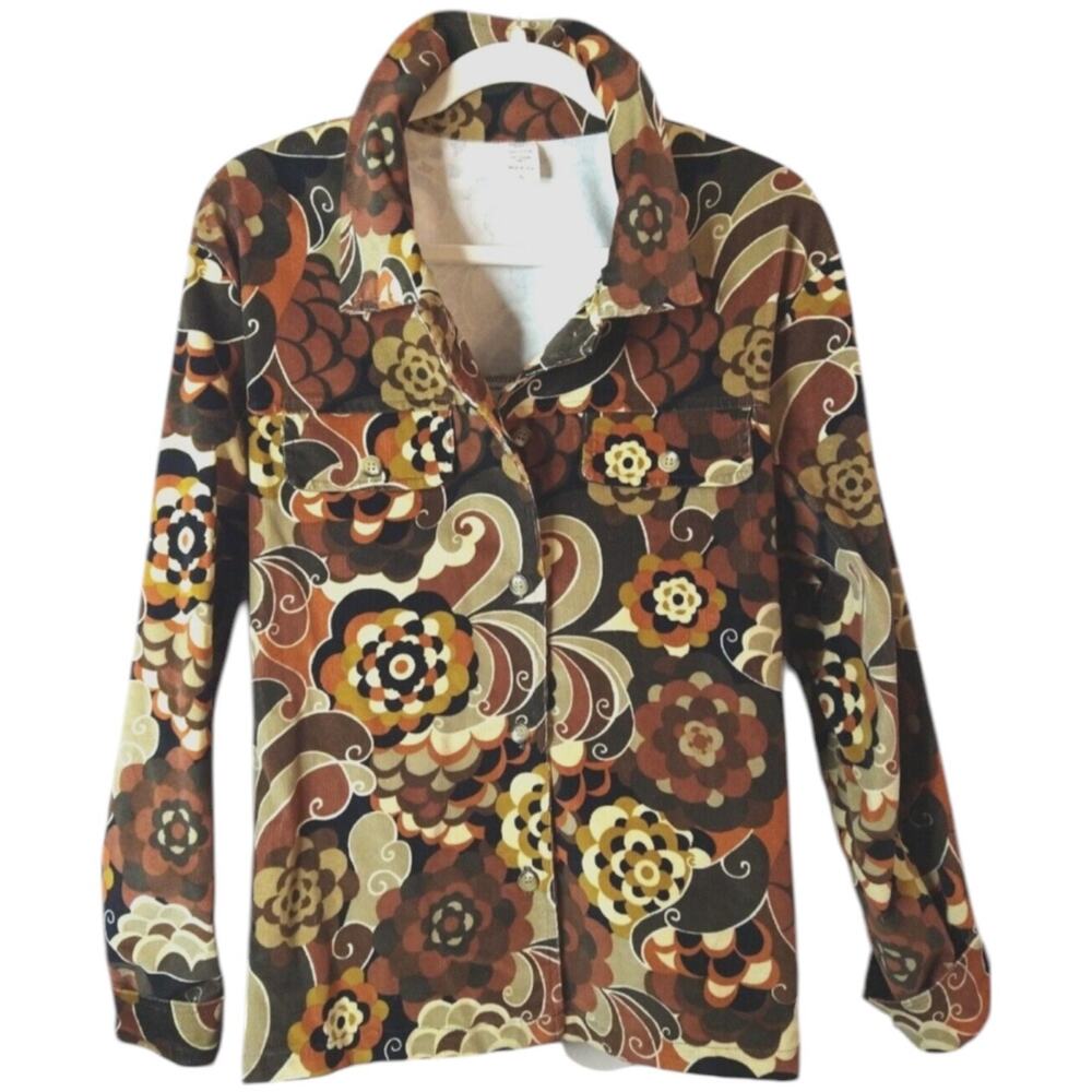 Ribbons & Spice Retro Floral Corduroy Jacket (Shacket) Women’s XL Brown Yellow